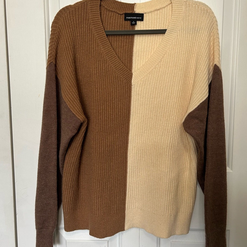 Fortune + Ivy V-Neck Sweater - Browns and Cream